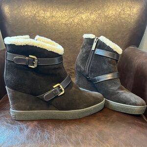 Aquatalia Dark Brown Suede Ankle Boots with Buckle